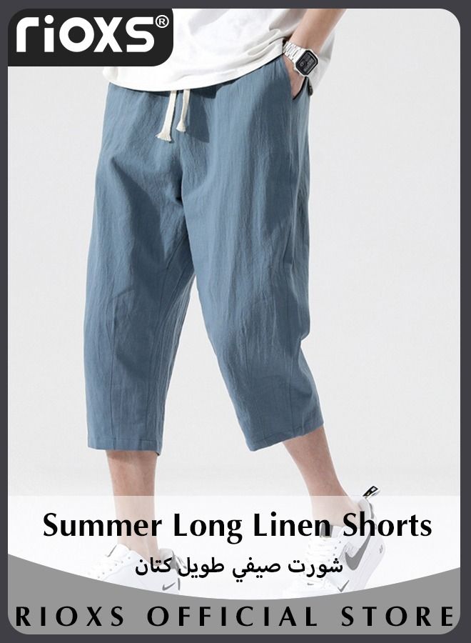 Men's Summer Long Linen Shorts Below Knee Pocketed 3/4 Drawstring Elastic Waist Capri Pants With Side Pockets