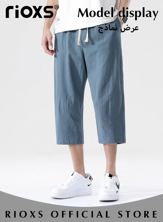 Fashionable Men's Cropped Pants, Summer Loose Casual Shorts, Below Knee Pocketed 3/4 Drawstring Elastic Waist Capri Pants with Side Pockets, Mid-Rise Blue Casual Shorts, Anti-Sweat Quick-Dry Trousers, Stretchable Gym Lounge Pants
