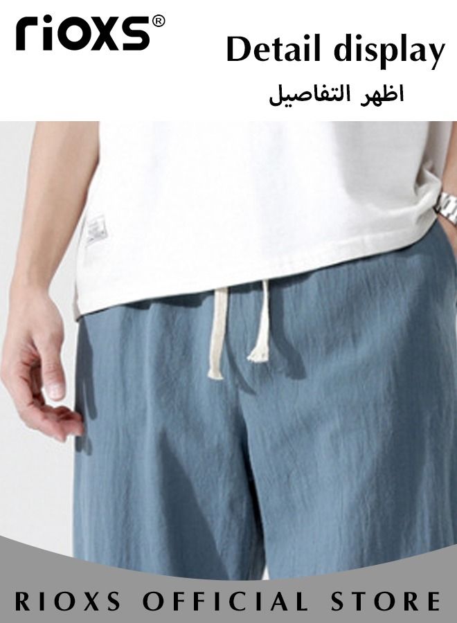 Fashionable Men's Cropped Pants, Summer Loose Casual Shorts, Below Knee Pocketed 3/4 Drawstring Elastic Waist Capri Pants with Side Pockets, Mid-Rise Blue Casual Shorts, Anti-Sweat Quick-Dry Trousers, Stretchable Gym Lounge Pants