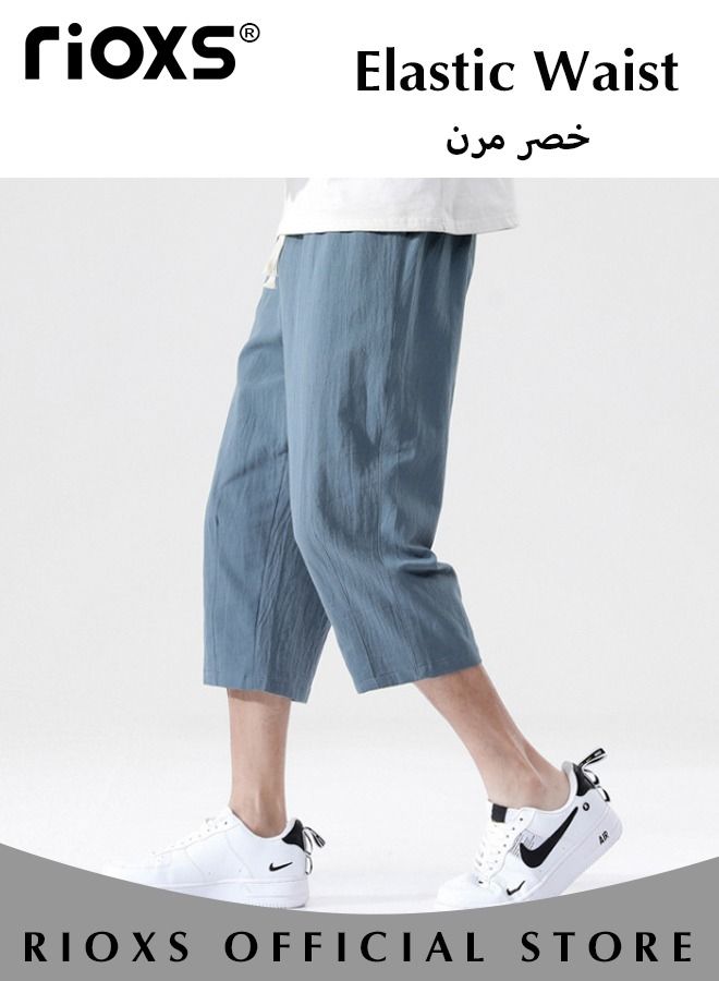 Fashionable Men's Cropped Pants, Summer Loose Casual Shorts, Below Knee Pocketed 3/4 Drawstring Elastic Waist Capri Pants with Side Pockets, Mid-Rise Blue Casual Shorts, Anti-Sweat Quick-Dry Trousers, Stretchable Gym Lounge Pants