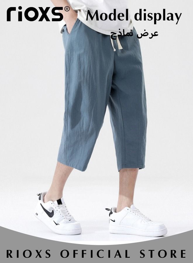 Fashionable Men's Cropped Pants, Summer Loose Casual Shorts, Below Knee Pocketed 3/4 Drawstring Elastic Waist Capri Pants with Side Pockets, Mid-Rise Blue Casual Shorts, Anti-Sweat Quick-Dry Trousers, Stretchable Gym Lounge Pants