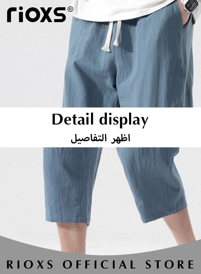 Fashionable Men's Cropped Pants, Summer Loose Casual Shorts, Below Knee Pocketed 3/4 Drawstring Elastic Waist Capri Pants with Side Pockets, Mid-Rise Blue Casual Shorts, Anti-Sweat Quick-Dry Trousers, Stretchable Gym Lounge Pants