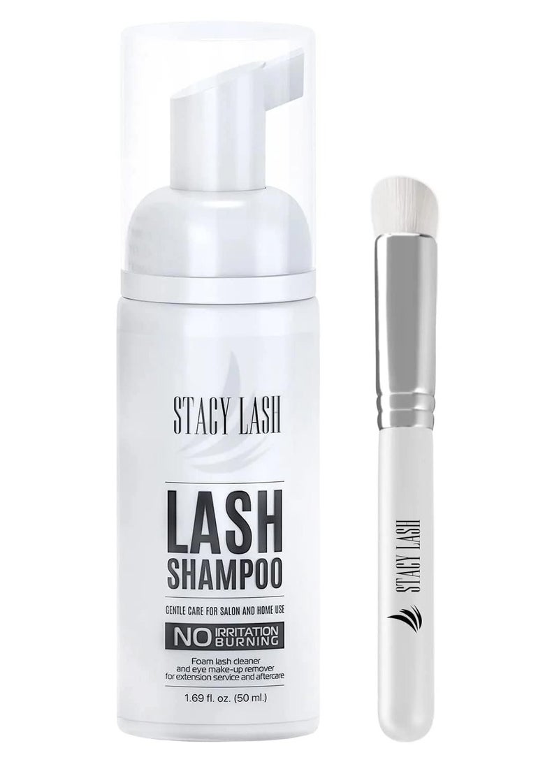 STACY LASH Eyelash Extension Shampoo + Brush / 1.69 fl.oz / 50ml / Eyelid Foaming Cleanser/Wash for Extensions & Natural Lashes/Safe Makeup Remover/Supplies for Professional & Home Use