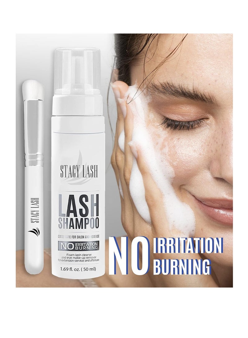 STACY LASH Eyelash Extension Shampoo + Brush / 1.69 fl.oz / 50ml / Eyelid Foaming Cleanser/Wash for Extensions & Natural Lashes/Safe Makeup Remover/Supplies for Professional & Home Use