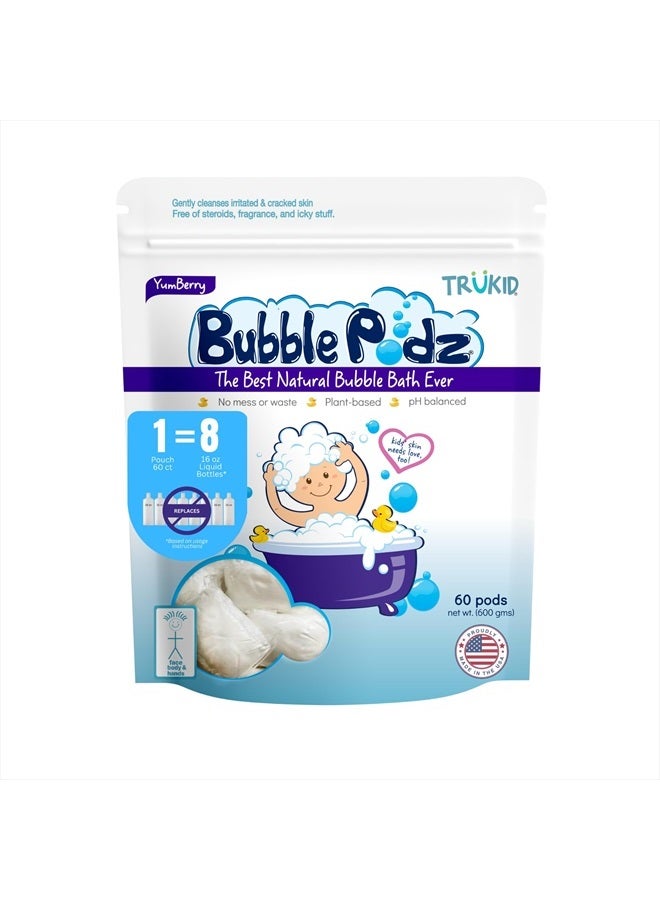 Bubble Podz Bubble Bath for Baby & Kids, Gentle Refreshing Bath Bomb for Sensitive Skin, pH Balance 7 for Eye Sensitivity, Natural Moisturizers and Ingredients, Yumberry (60 Podz)