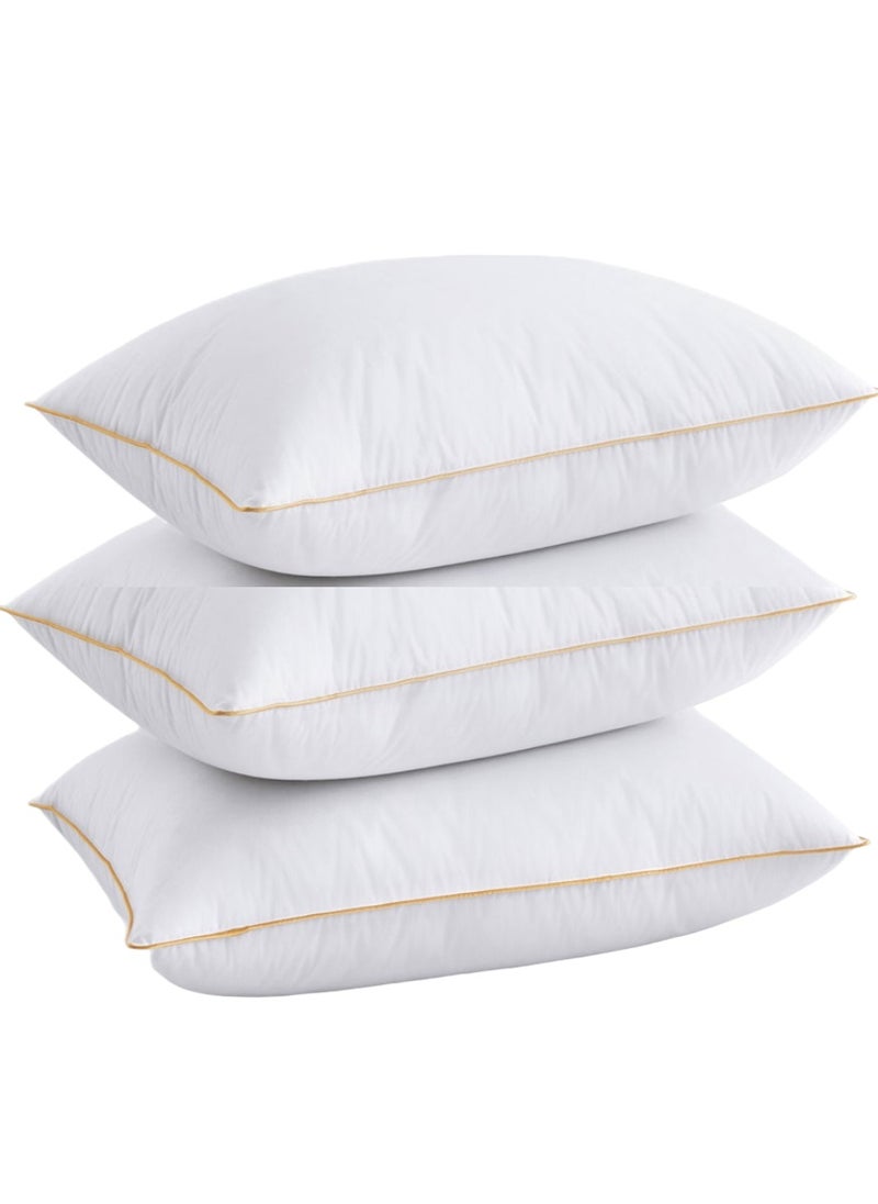 3 Piece Pack Single Piping Soft Bed Pillow White With Gold Line 50x70cm Made in Uae