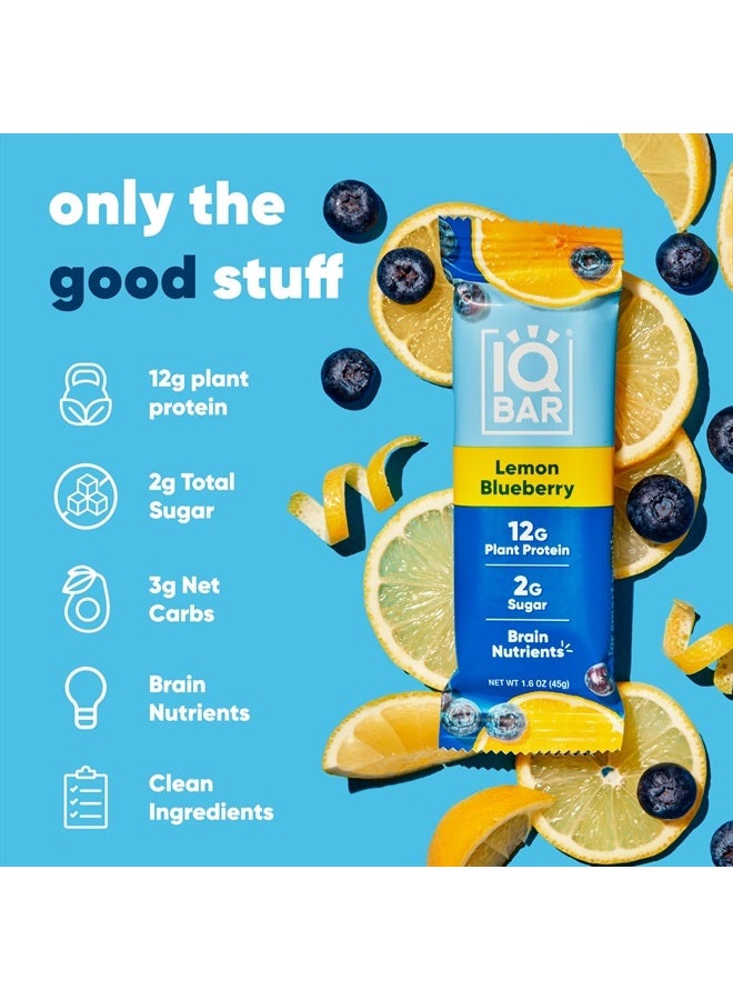 Brain and Body Plant Protein Bars - Lemon Blueberry - 12 Count, Low Carb, High Fiber, Gluten Free, Healthy Vegan Snacks - Low Sugar Keto Bar