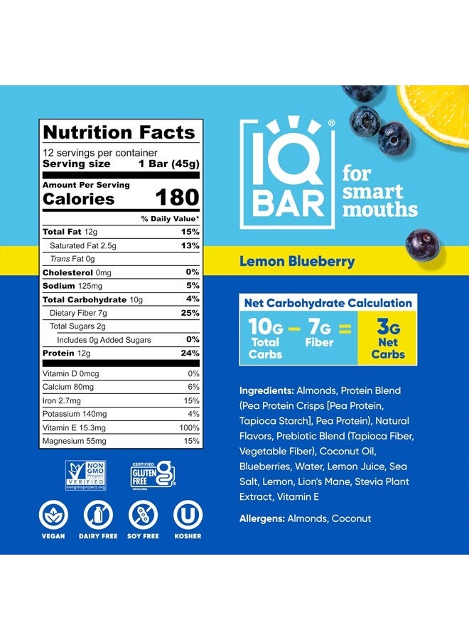 Brain and Body Plant Protein Bars - Lemon Blueberry - 12 Count, Low Carb, High Fiber, Gluten Free, Healthy Vegan Snacks - Low Sugar Keto Bar