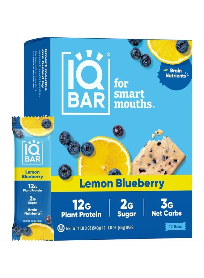 Brain and Body Plant Protein Bars - Lemon Blueberry - 12 Count, Low Carb, High Fiber, Gluten Free, Healthy Vegan Snacks - Low Sugar Keto Bar