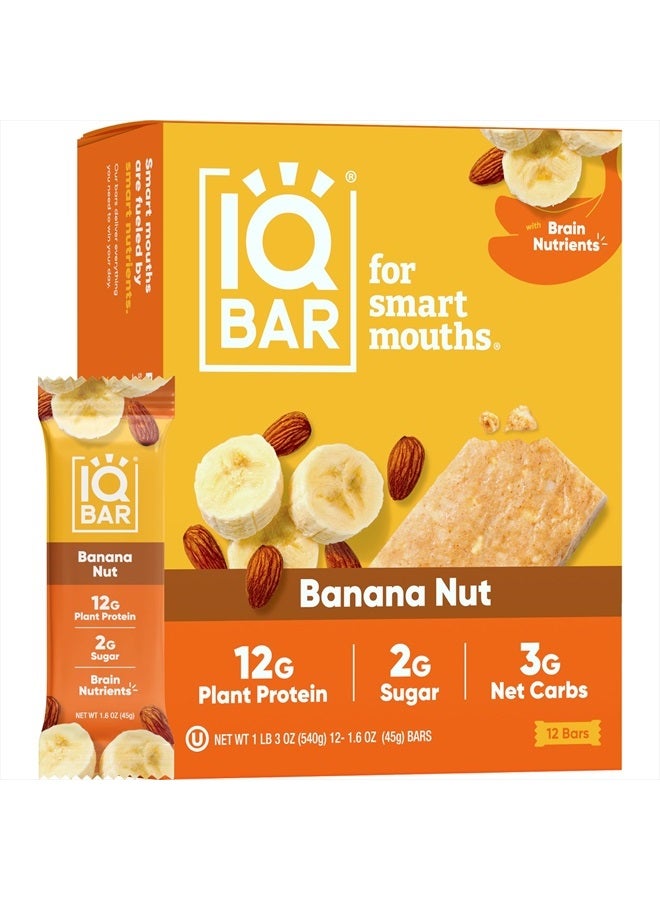 Brain and Body Plant Protein Bars - Banana Nut - 12 Count, Low Carb, High Fiber, Gluten Free, Vegan Snacks - Low Sugar Keto Energy Bar Pack