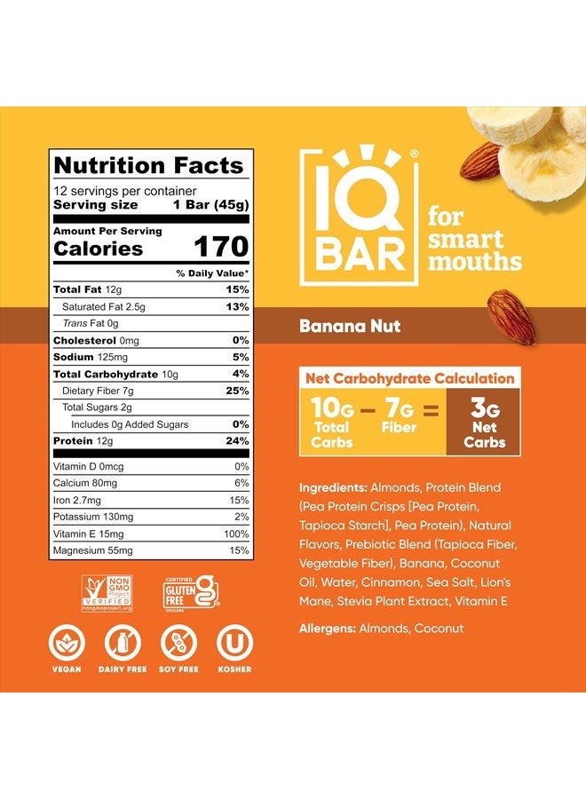 Brain and Body Plant Protein Bars - Banana Nut - 12 Count, Low Carb, High Fiber, Gluten Free, Vegan Snacks - Low Sugar Keto Energy Bar Pack