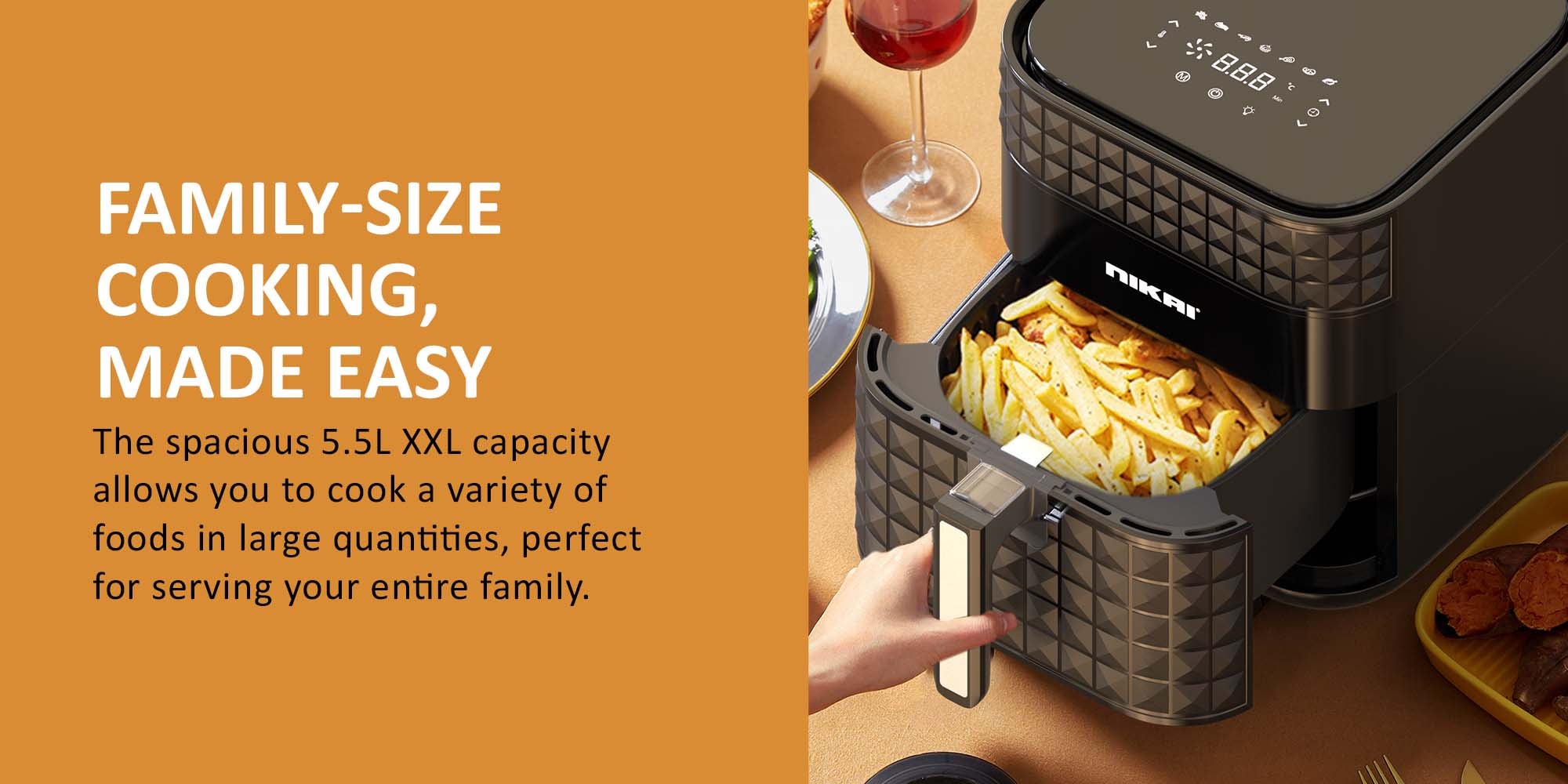Digital Air Fryer, 1800W, Xxl  Basket And  Pan, 7 Pre-Set Programs With Built-In Preheat Function, Viewing Window, Adjustable Temp And Timer, 0-60Min Timer, 80-200℃ Temp Range 5.5 L 1800 W NAF488D1 Black
