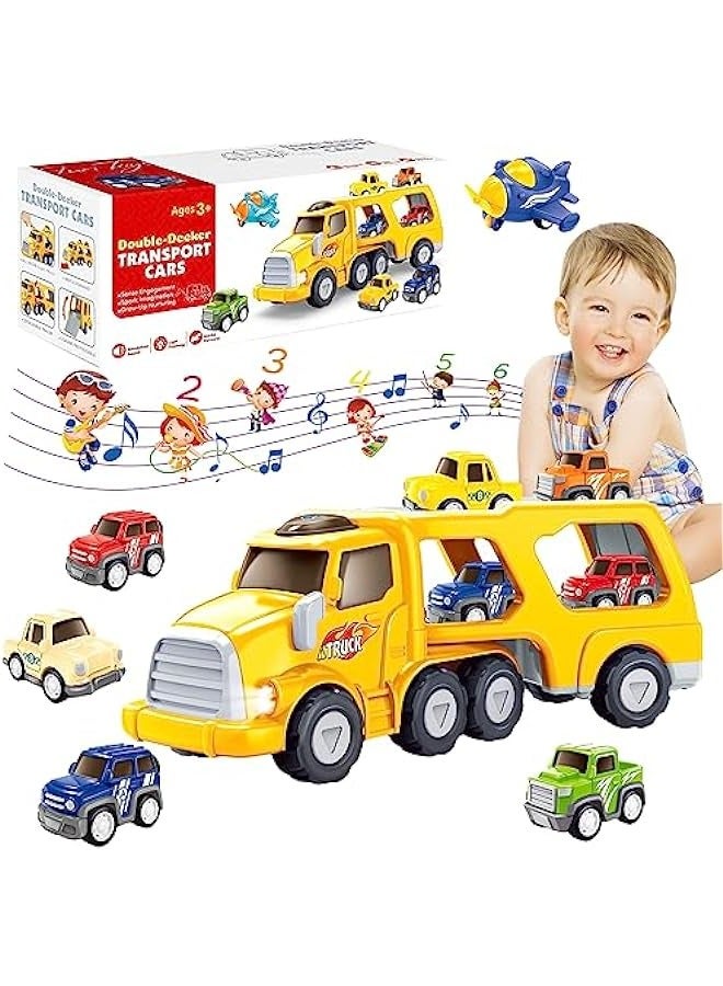 Strollers Toys for Boy, 5 in 1 Toy Car Transport Truck with 3 Mini Cars and 1 Airplane, Kids Toy Vehicles with Light and Sounds, Gift for Boys and Girls 3+ Years Old