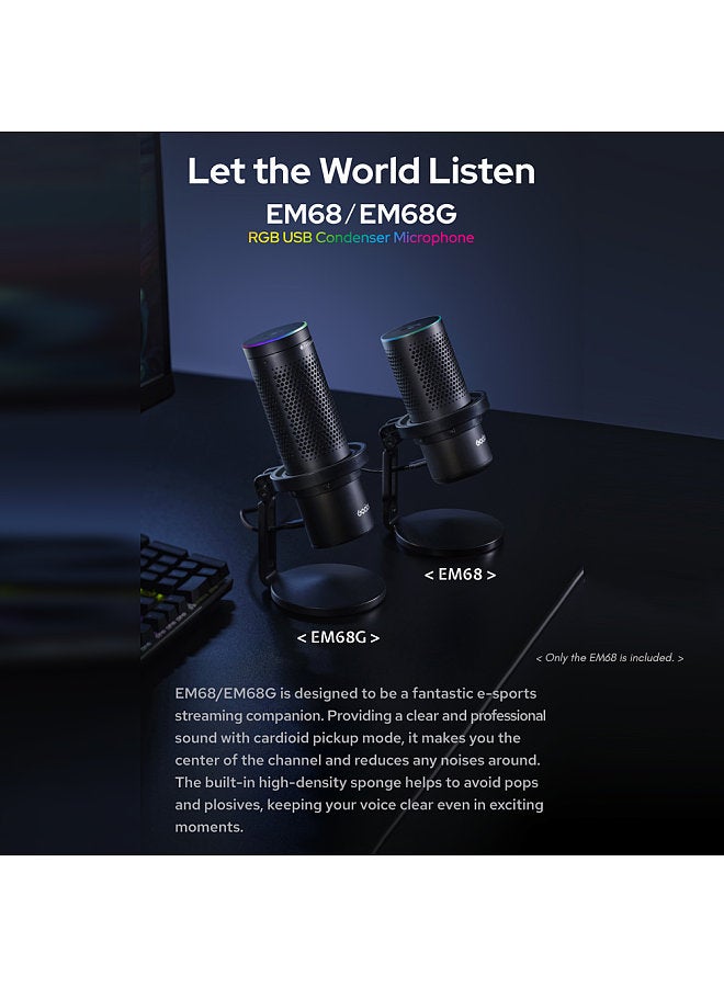EM68 Professional USB Cardioid Microphone Mini Desktop Recording Mic with RGB Breathing Light One-Button Mute for Gaming Video Conference Live Stream Vlog Recording