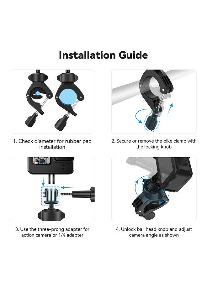 TE-HBM-004 Camera Mount Clamp Mount Bicycle Handlebar Adapter Mount 360°Rotatable with 1/4in Adapter Fixed Screw Rubber Pad Compatible with GoPro12/11/10/9/8/7 Session DJI and Other Action Cameras