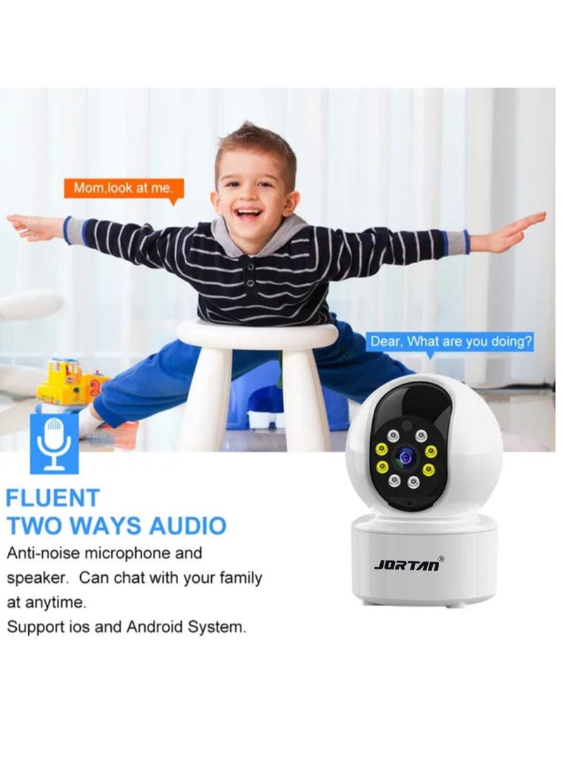 Jortan 1080P Intelligent Wi-Fi Cradle Head Indoor Camera, Baby Monitoring, IR and Color Night Vision, Two- Way Talking, Motion Detection, Motion Tracking, 360°/90° PTZ control Indoor Security Camera