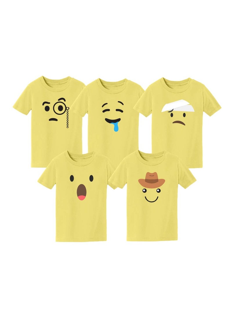 Pack of 5 Kids Yellow Smiley Face T-Shirts - Kids Unisex Round Neck Cotton Short Sleeve Tees - Soft and Comfortable Emoji T-Shirts for Kids