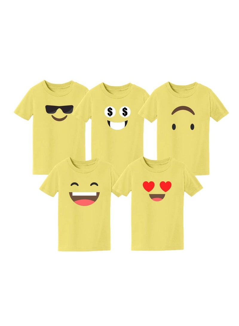 Pack of 5 Kids Yellow Smiley Face T-Shirts - Kids Unisex Round Neck Cotton Short Sleeve Tees - Soft and Comfortable Emoji T-Shirts for Kids