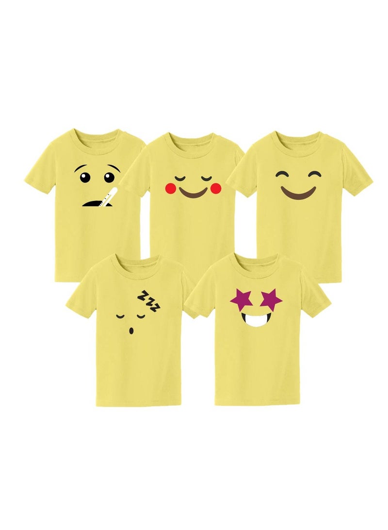 Pack of 5 Kids Yellow Smiley Face T-Shirts - Kids Unisex Round Neck Cotton Short Sleeve Tees - Soft and Comfortable Emoji T-Shirts for Kids