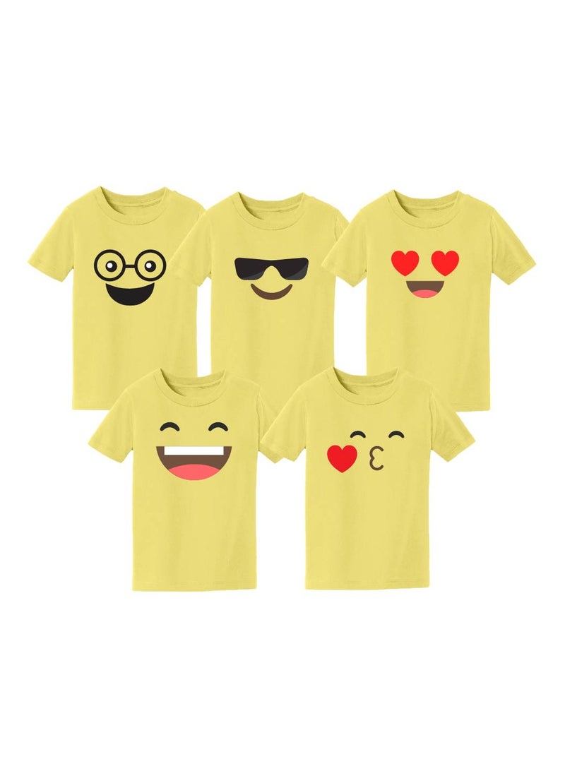 Pack of 5 Kids Yellow Smiley Face T-Shirts - Kids Unisex Round Neck Cotton Short Sleeve Tees - Soft and Comfortable Emoji T-Shirts for Kids