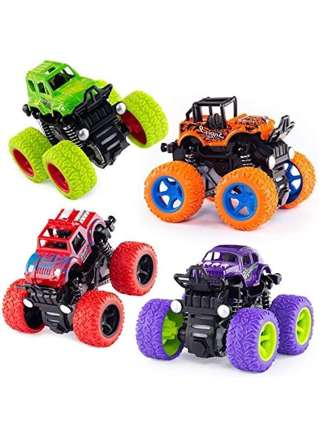 4 Pack Monster Truck Toys - Friction Powered Push and Go Toy Cars, Inertia Car Toy Set Stunt Toy Vehicles, Birthday Party Supplies for Boys and Girls