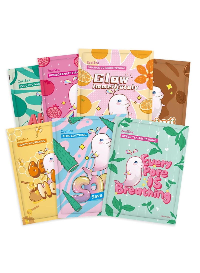 ZealSea Sheet Mask Skin Care (Pack of 7) Beauty Facial Mask Spa Face Mask Birthday Party gifts Women, Men kids Girls - Hydrate, Brighten, Moisturize,Soothe for All Skin Types