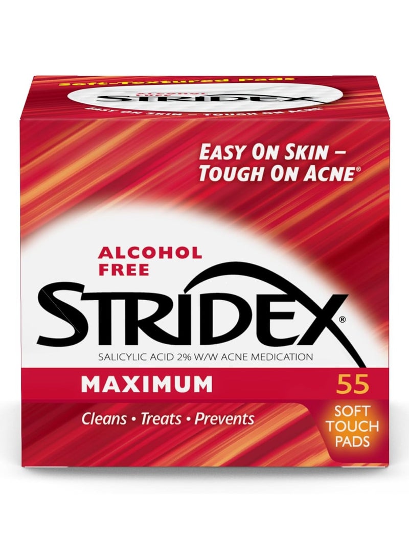 Stridex Medicated Acne Pads, Maximum, 55 Count – Facial Cleansing Wipes, Alcohol Free, Acne Treatment for Face, For Moderate Acne, Smooth Application