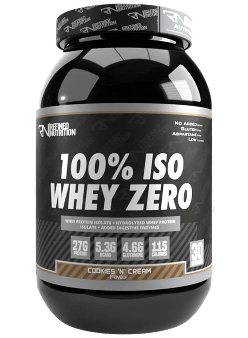 Refined Nutrition 100% Whey Isolate Zero, Muscle Support and Recovery, Digestive Health Support and Weight Management, Cookies and Cream Flavor, 908 Gm