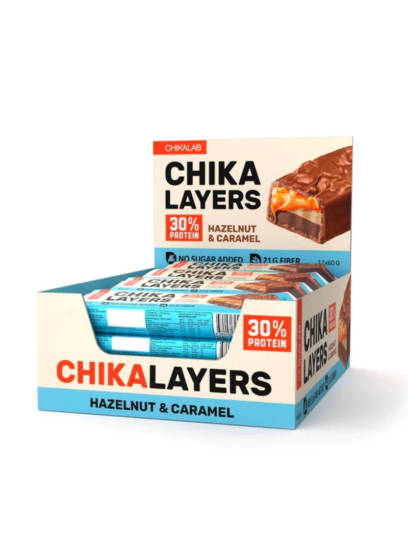 Chikalab Chika Layers - Chocolate Protein Bar with 30% Protein, 21g Fiber and Zero Sugar, Hazelnut Caramel - 60gm, Box of 12
