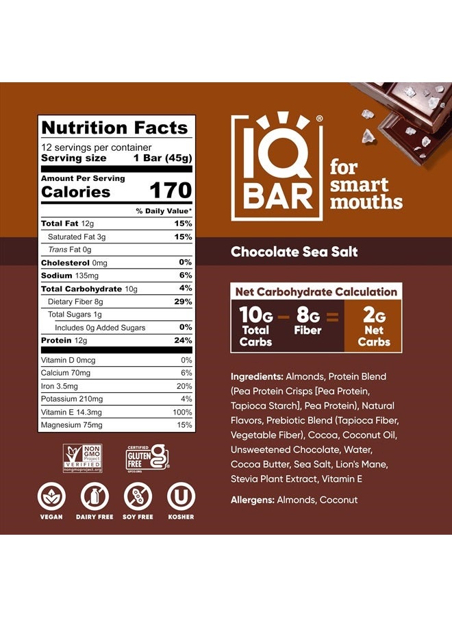 Brain and Body Plant Protein Bars - Chocolate Sea Salt - 12 Count, Low Carb, High Fiber, Gluten Free, Vegan Snacks - Low Sugar Keto Energy Bar