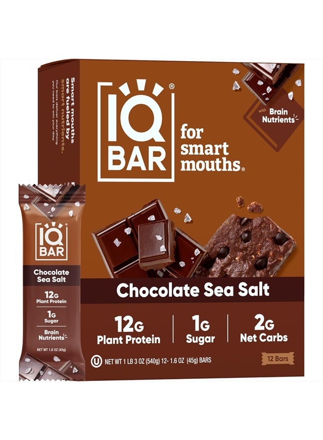 Brain and Body Plant Protein Bars - Chocolate Sea Salt - 12 Count, Low Carb, High Fiber, Gluten Free, Vegan Snacks - Low Sugar Keto Energy Bar
