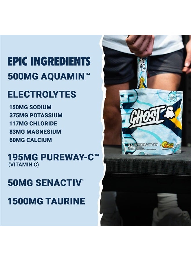 Hydration Packets, Lemon Crush, 24 Sticks, Electrolyte Powder - Drink Mix Supplement with Magnesium, Potassium, Calcium, Vitamin C - Vegan Friendly, Free of Soy, Sugar & Gluten