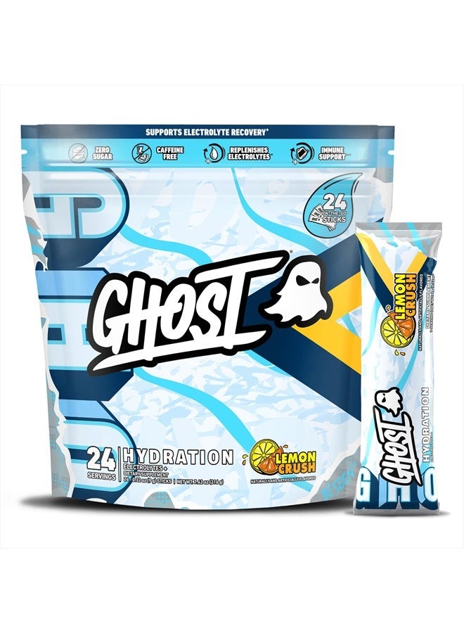 Hydration Packets, Lemon Crush, 24 Sticks, Electrolyte Powder - Drink Mix Supplement with Magnesium, Potassium, Calcium, Vitamin C - Vegan Friendly, Free of Soy, Sugar & Gluten