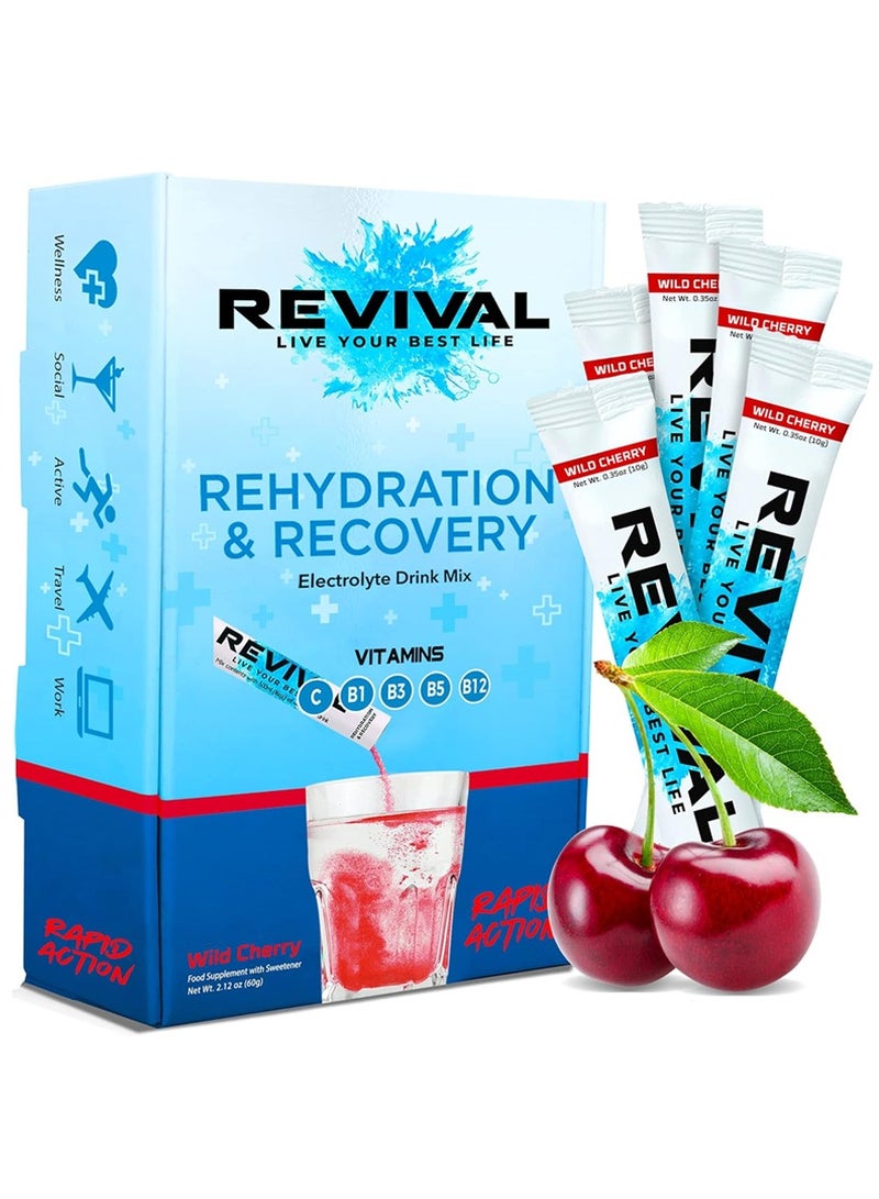Revival Rapid Rehydration Electrolytes Powder - High Strength Vitamin C, B1, B3, B5, B12 Supplement Sachet Drink, Effervescent Electrolyte Hydration 10 gm/stick wild cherry