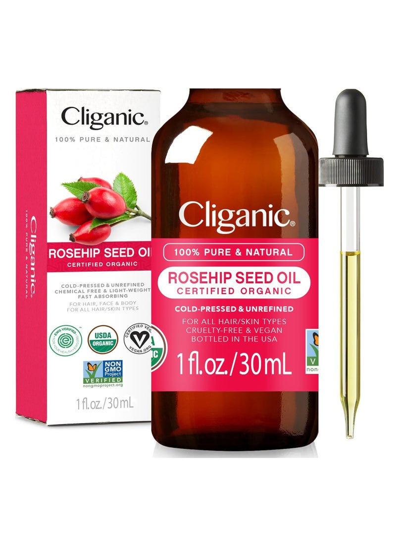 Cliganic USDA Organic Rosehip Seed Oil for Face, 100% Pure | Natural Cold Pressed Unrefined Non-GMO | Carrier Oil for Skin, Hair & Nails