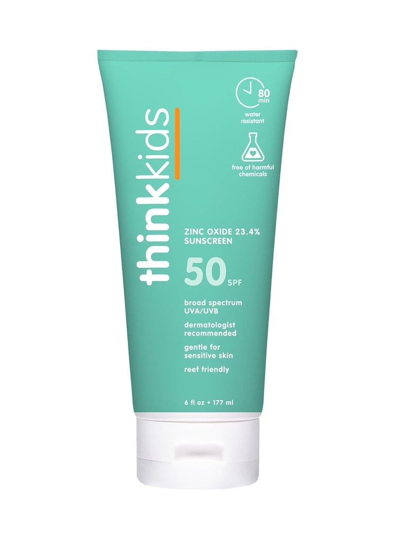 Thinksport Kids SPF 50+ Mineral Sunscreen – Safe, Natural Sunblock for Children - Water Resistant Sun Cream – Broad Spectrum UVA/UVB Sun Protection – Vegan, Reef Friendly Sun Lotion, 6oz