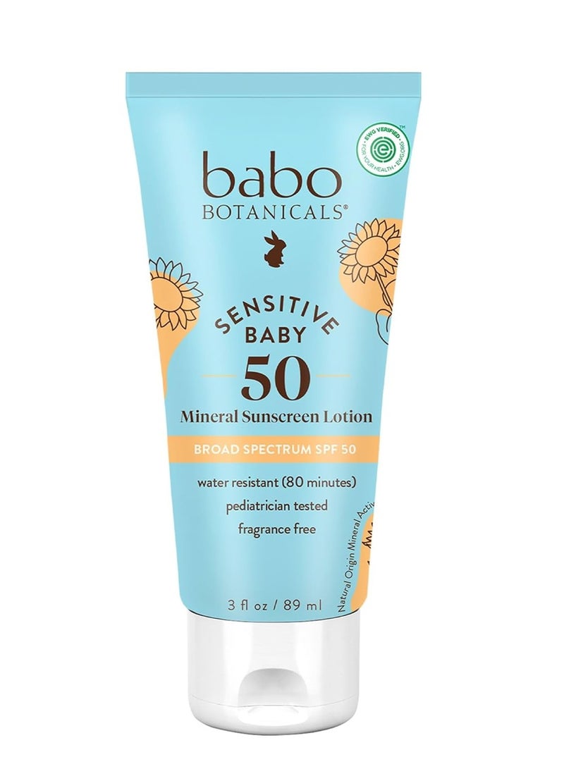 Babo Botanicals Sensitive Baby Mineral Sunscreen Lotion SPF50 - Natural Zinc Oxide - Face & Body - Fragrance-Free - Water-Resistant - EWG Verified - Vegan - Extra Sensitive Skin - For Babies & Kids