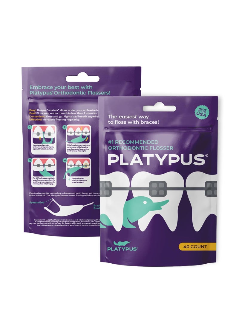 Platypus Orthodontic Flossers for Braces | Ortho Picks for Adults & Kids | Fits Under Arch Wire | Non-Damaging | Encourage Flossing Habits | Floss Teeth in Under Two Minutes (40 Count (Pack of 2))