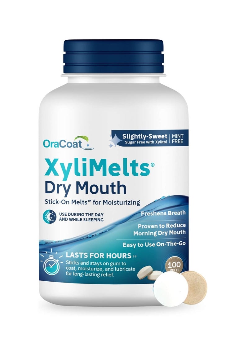 OraCoat XyliMelts Dry Mouth Relief Oral Adhering Discs, Slightly Sweet with Xylitol, for Dry Mouth, Stimulates Saliva, Non-Acidic, Day and Night Use, Time Release for up to 8 Hours, 100 Count