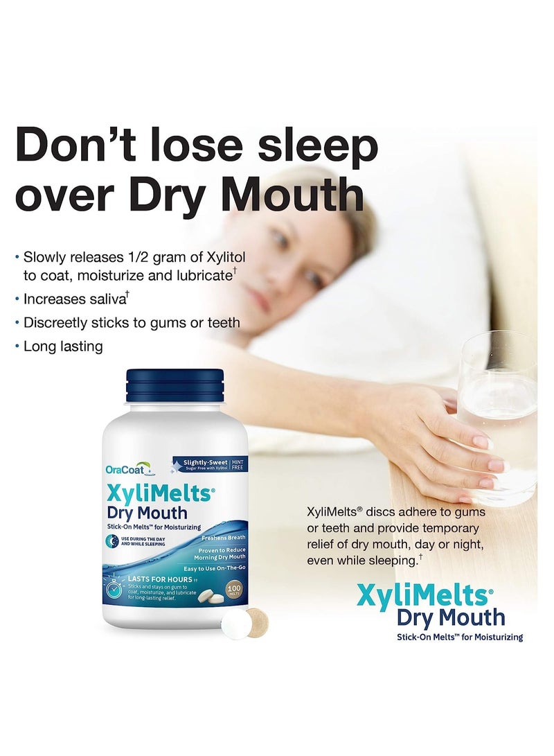 OraCoat XyliMelts Dry Mouth Relief Oral Adhering Discs, Slightly Sweet with Xylitol, for Dry Mouth, Stimulates Saliva, Non-Acidic, Day and Night Use, Time Release for up to 8 Hours, 100 Count