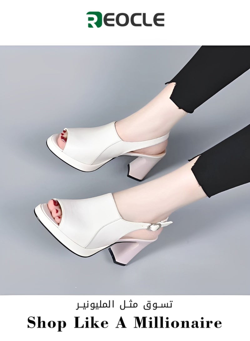 Women's Chunky Heel Sandals Fish Mouth Platform Sandals One Line Buckle High Heel Sandals Open Toe Sandals PU Sandals with Arch Support Comfortable Walking Sandals