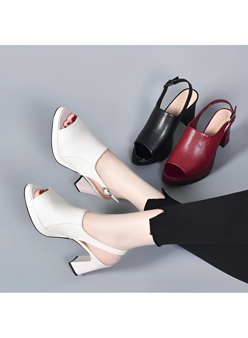 Women's Chunky Heel Sandals Fish Mouth Platform Sandals One Line Buckle High Heel Sandals Open Toe Sandals PU Sandals with Arch Support Comfortable Walking Sandals