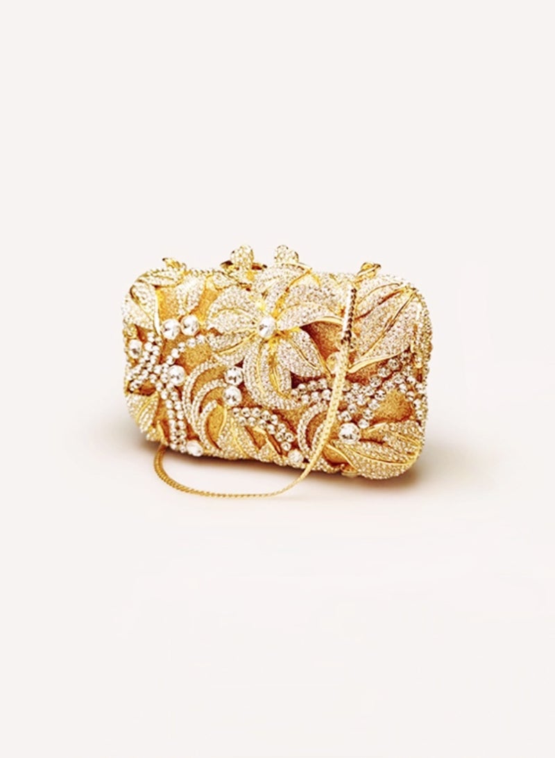Luxurious Artistic Sense Sequined Flower Crystal Encrusted Gold Evening Bag Small Clutch Mini Party Bag
