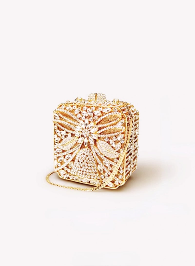 Luxury Crystal Inlaid Carved Hollow Flower Golden Sparkling Box Banquet Bag Clutch Bag Exquisite Mini Small Square Bag