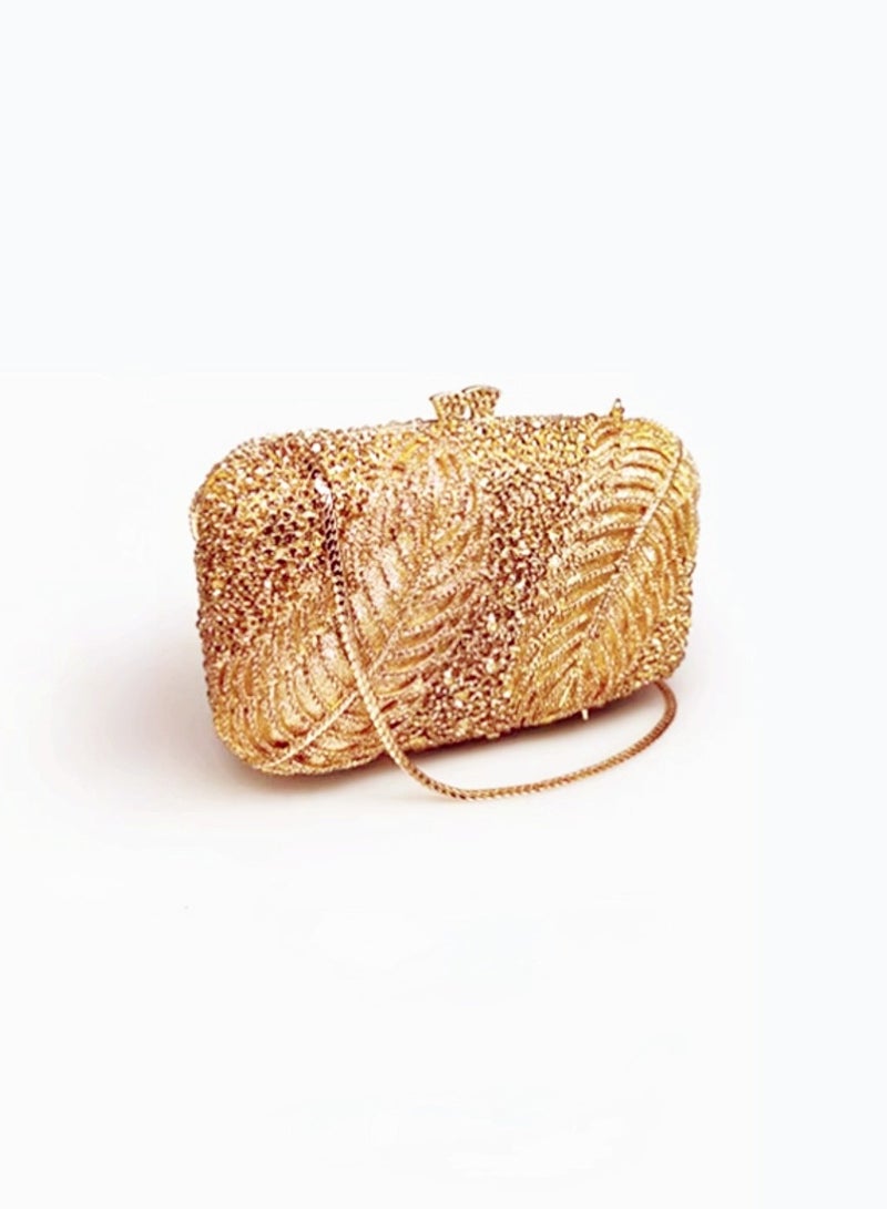Luxury Artistic Carved Floral Crystal Encrusted Gold Evening Bag Small Clutch Mini Party Bag
