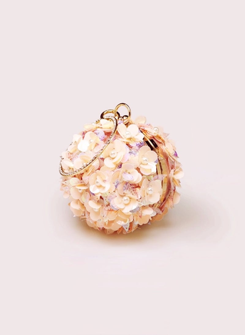 Pink Stereoscopic Flower Pearl Stamen Evening Bag Party Bag Spherical Bag Mini Crystal Studded Circle Handle Handbag