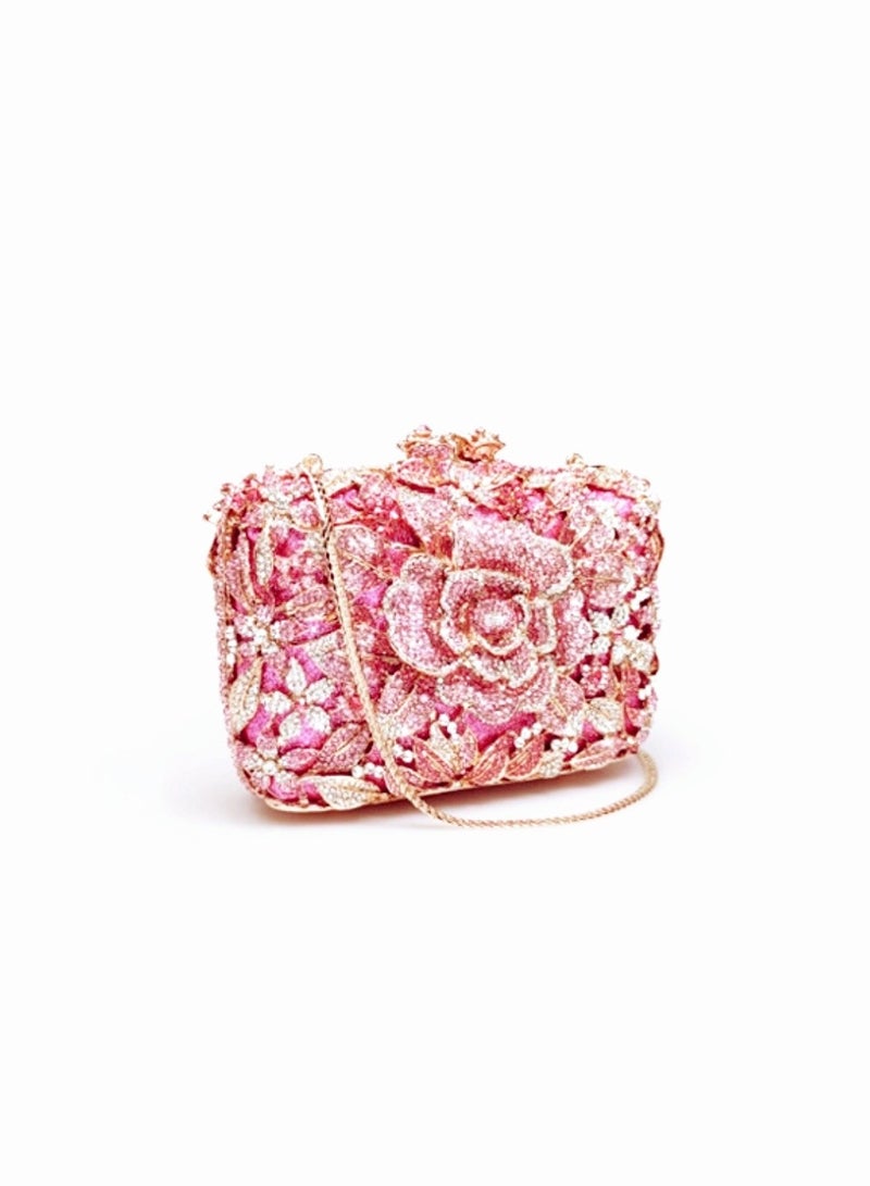 Luxury Pink Crystal Inlaid Carved Hollow Flower Banquet Bag Evening Clutch Bag Party Clutch Exquisite Mini Small Bag