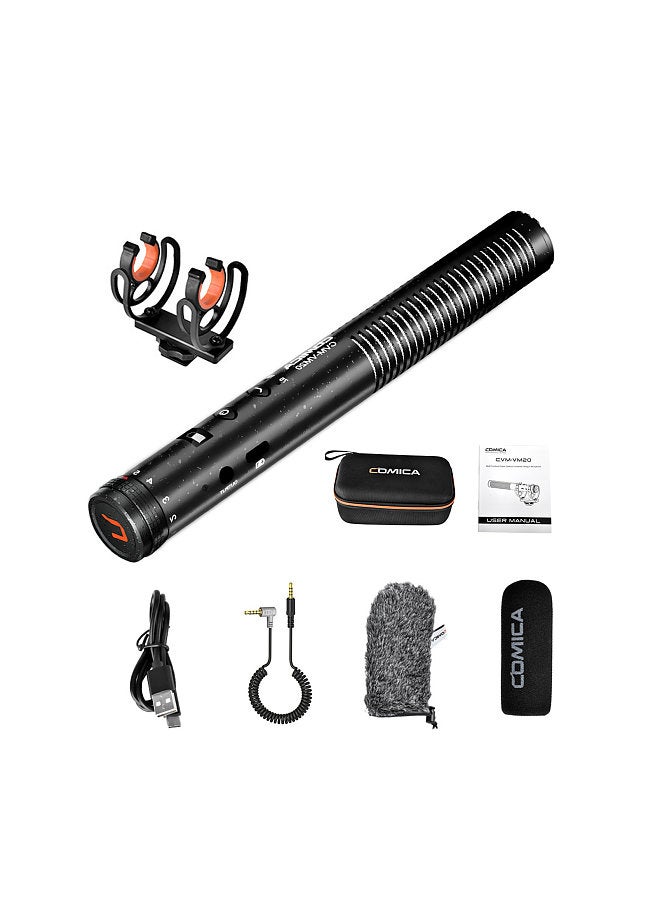 CVM-VM20 Video Cardioid Condenser Microphone 2-level Low Cut Noise Canceling 3.5mm Monitoring with Shock Mount Windscreens Carrying Case Built-in 300mAh Battery for Smartphone DSLR Mirrorless Camera