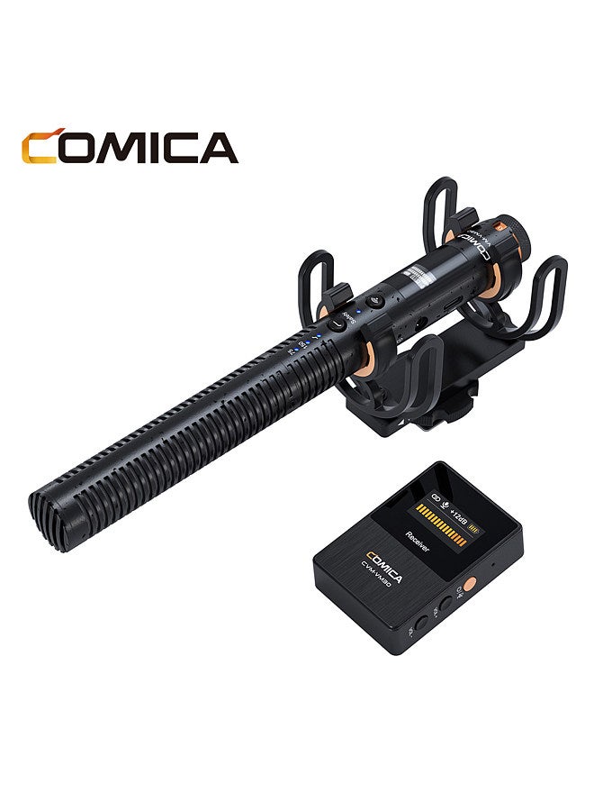 VM30 2.4G Camera Microphone Cardioid Condenser Mic System with 3.5mm Port OLED Screen Support Wired/Wireless Dual Modes Real-time Monitoring with Receiver Anti-Shock Mount & Wind Muff