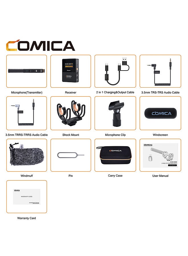 VM30 2.4G Camera Microphone Cardioid Condenser Mic System with 3.5mm Port OLED Screen Support Wired/Wireless Dual Modes Real-time Monitoring with Receiver Anti-Shock Mount & Wind Muff